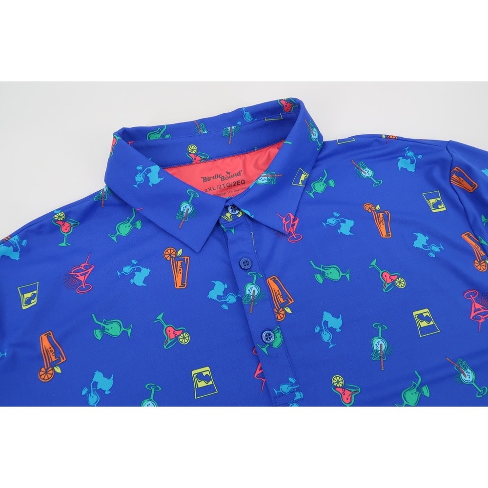 Birdie Bound Golf Polo Mens XXL Blue Cocktail Drink Print Stretch Performance